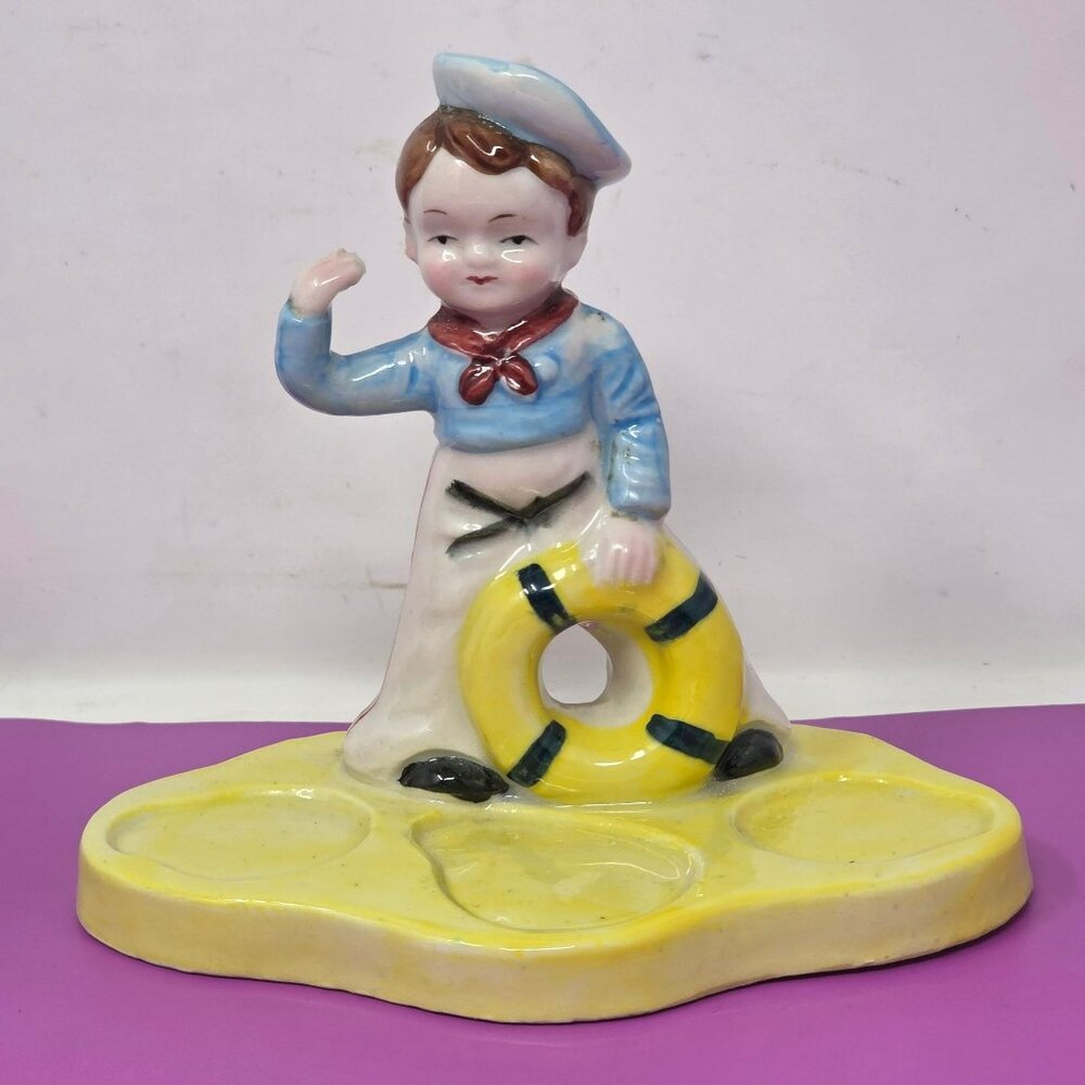 Vintage Ceramic Sailor Boy Figurine Hand-Painted Japan Yellow Base‎ Nautical